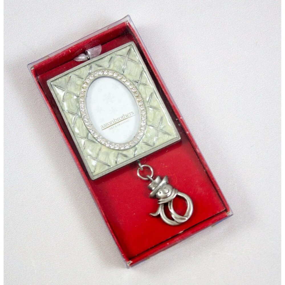 Aaron Brothers Mini Picture Frame Pewter Ornament w/Rhinestones & Snowman Charm